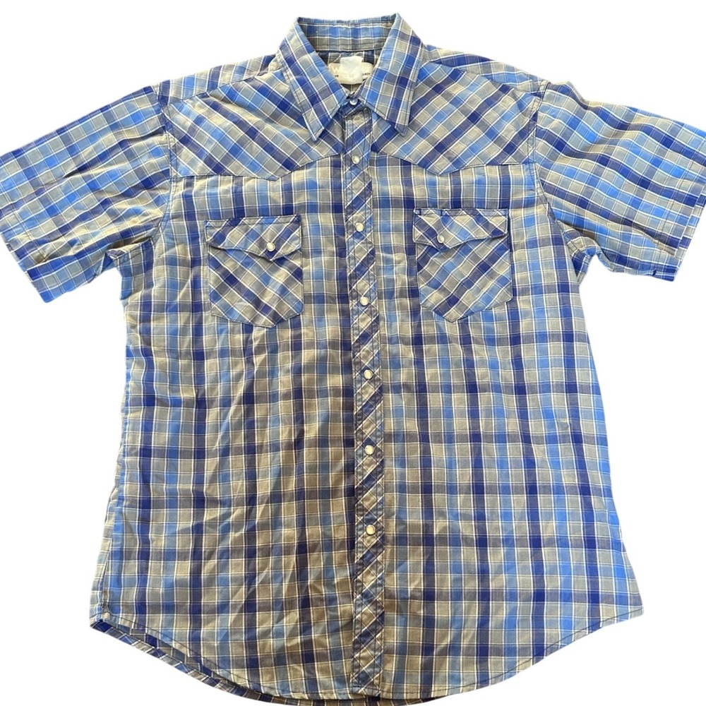 Wrangler Wrancher Shirt Mens Blue Plaid Pearl Snap Western Short Sleeve XL